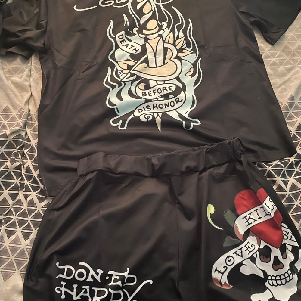 Ed Hardy Black Athletic Shorts with Skull Design